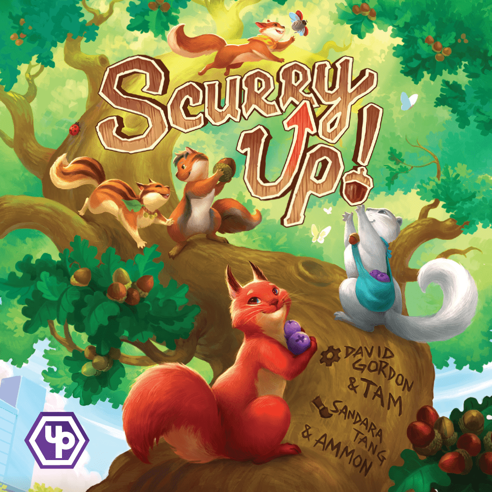 Front cover of Scurry Up!, which shows squirrels scampering throughout a tree and picking up nuts and berries.