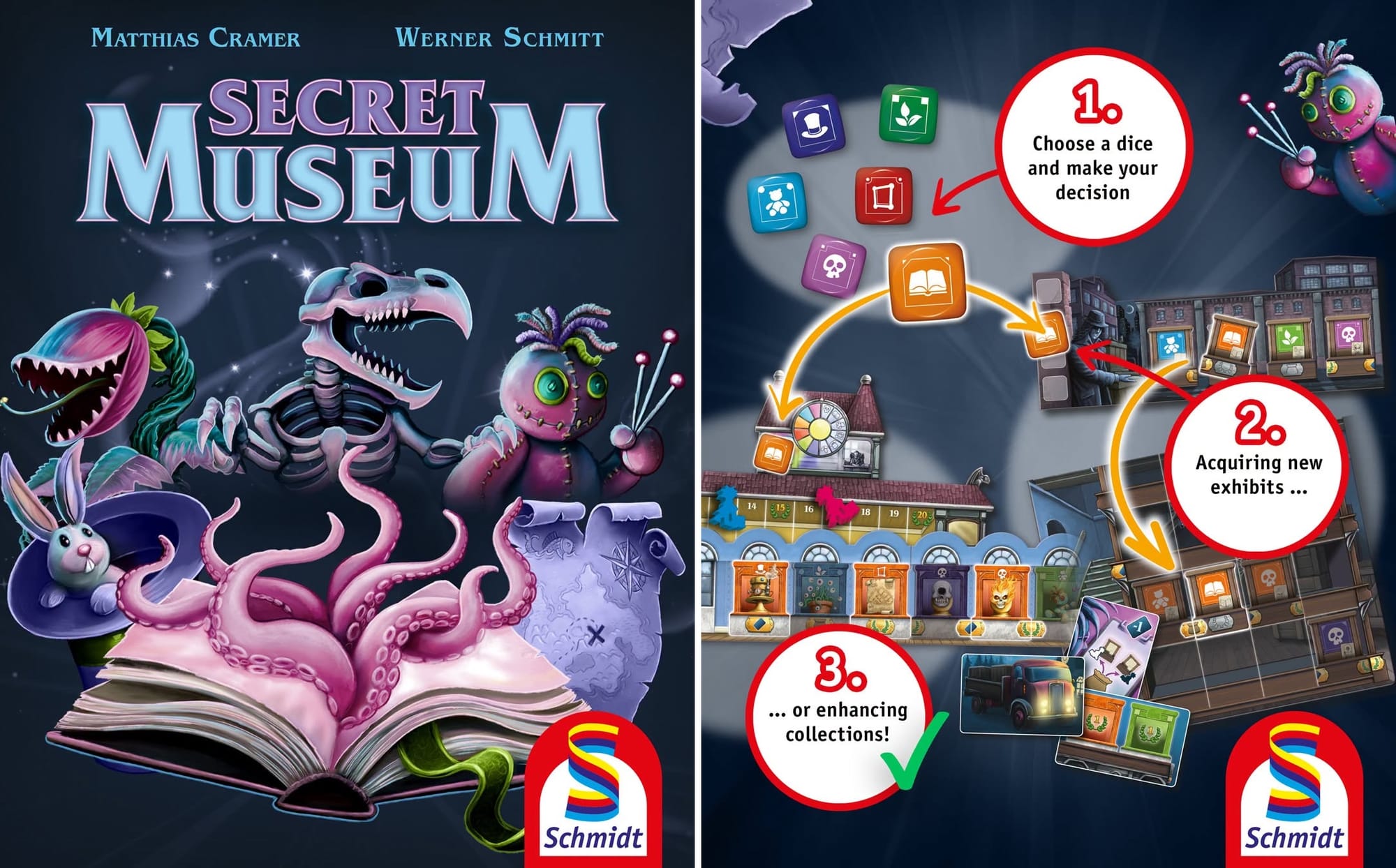On the left: strange creatures and objects are depicted rising out of a book; on the right: 1. Choose a die and make your decision. 2. Acquire new exhibits... 3. Or enhance your collections.