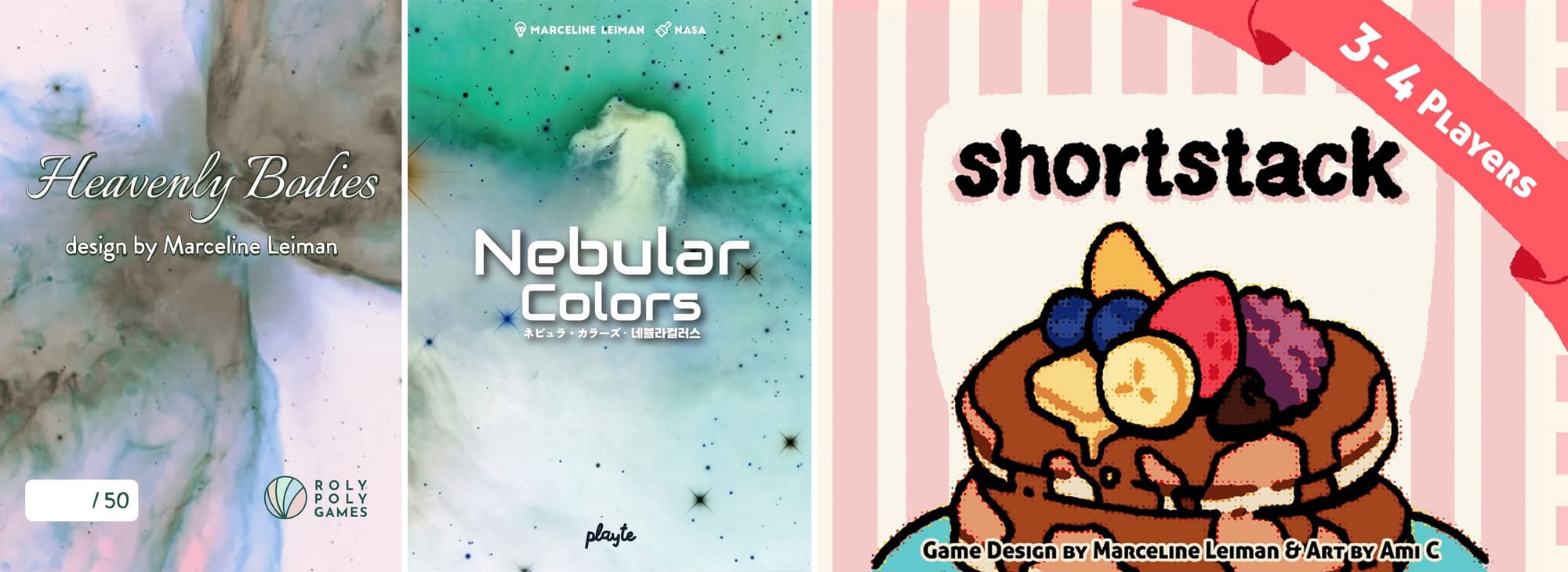 Front covers of Heavenly Bodies, Nebular Colors, and Shortstack.