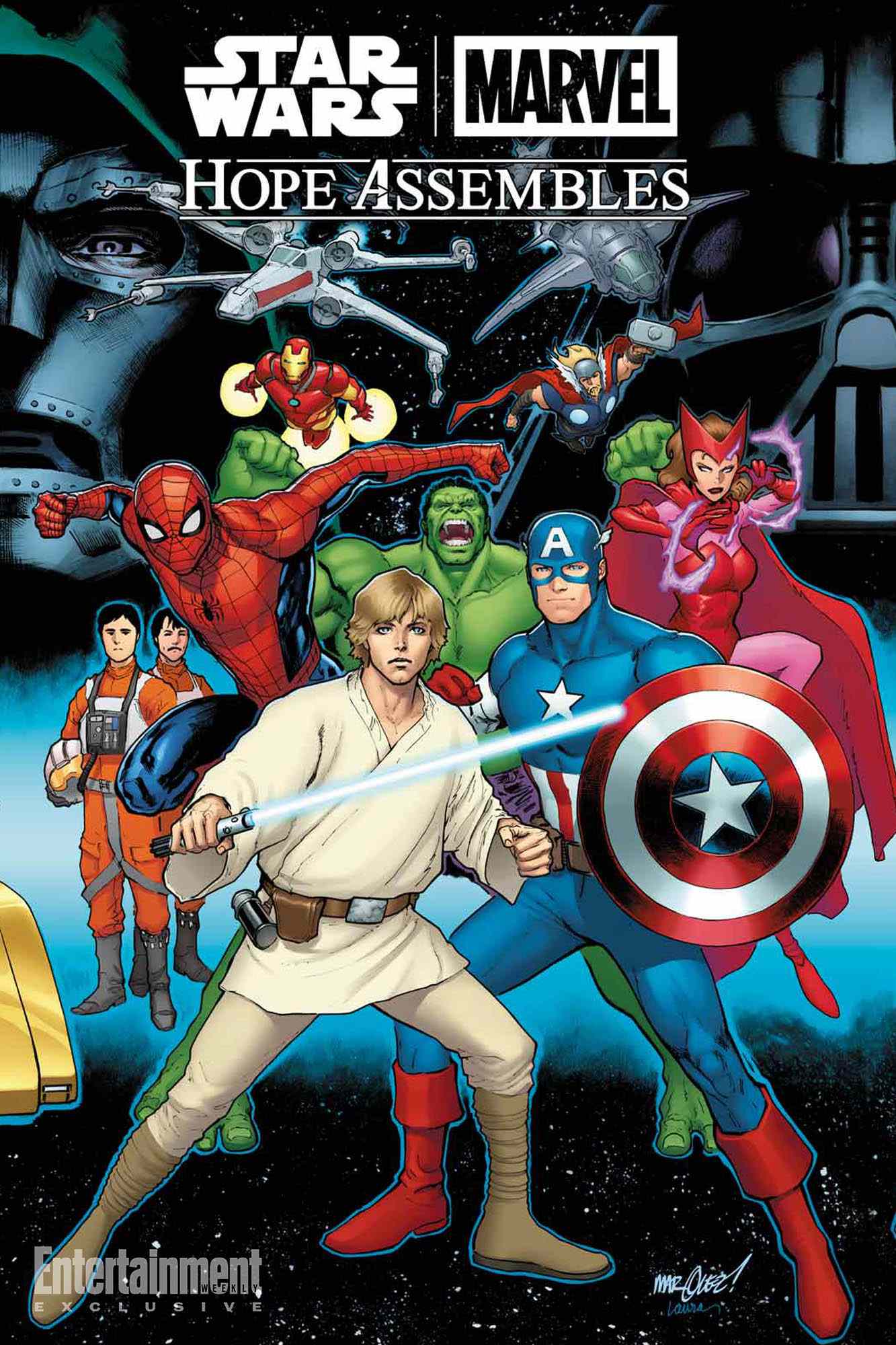 Under the logo "Star Wars | Marvel | Hope Assembles", a 1977 version Luke Skywalker stands in front of Captain America, Spider-Man, and other Marvel heroes. A couple of X-wing pilots stand in the background looking awkward.
