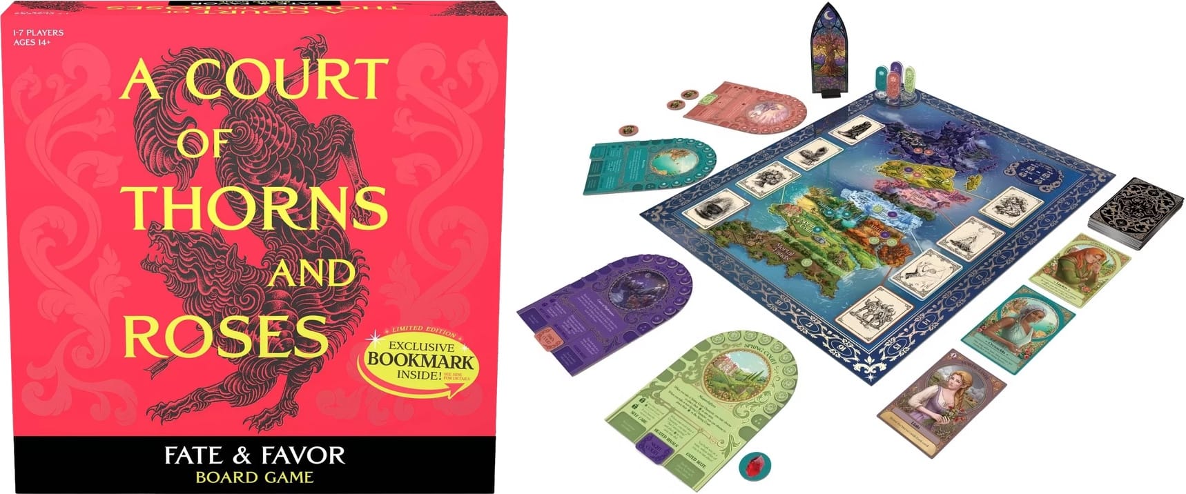 The front cover of A Court of Thorns and Roses: Fate & Favor Board Game features a Chinese-style dragon against a red background; the game board shows an island divided into eight regions, with individual character boards around it.