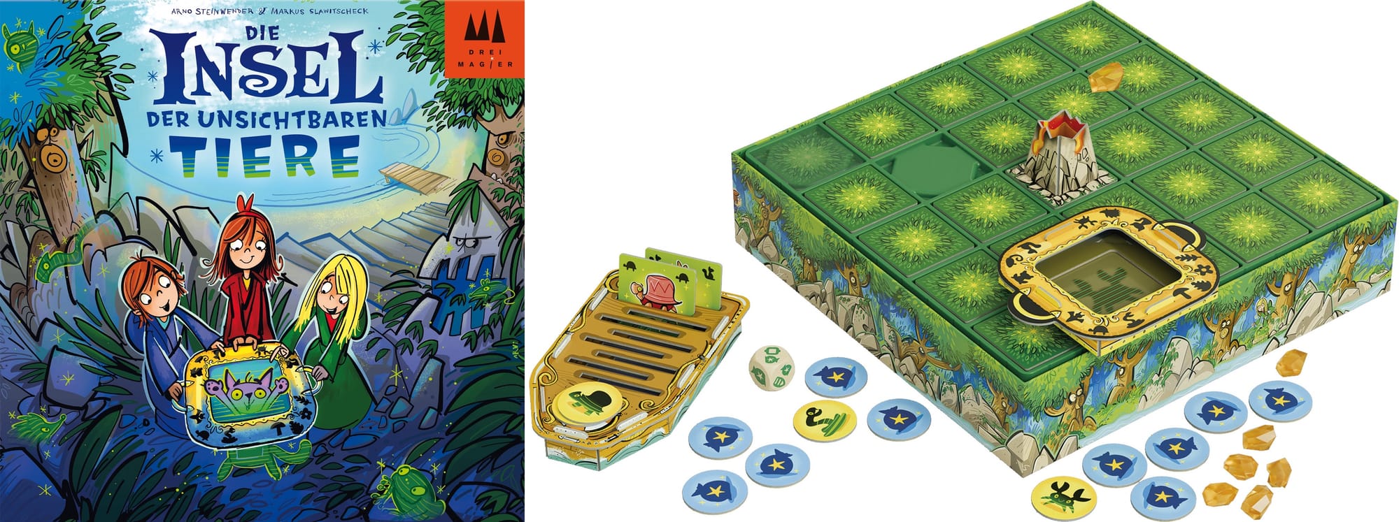 Front cover of Die Insel der unsichtbaren Tier, which shows three children holding a device over a cat that is becoming visible, along with the components of the game.