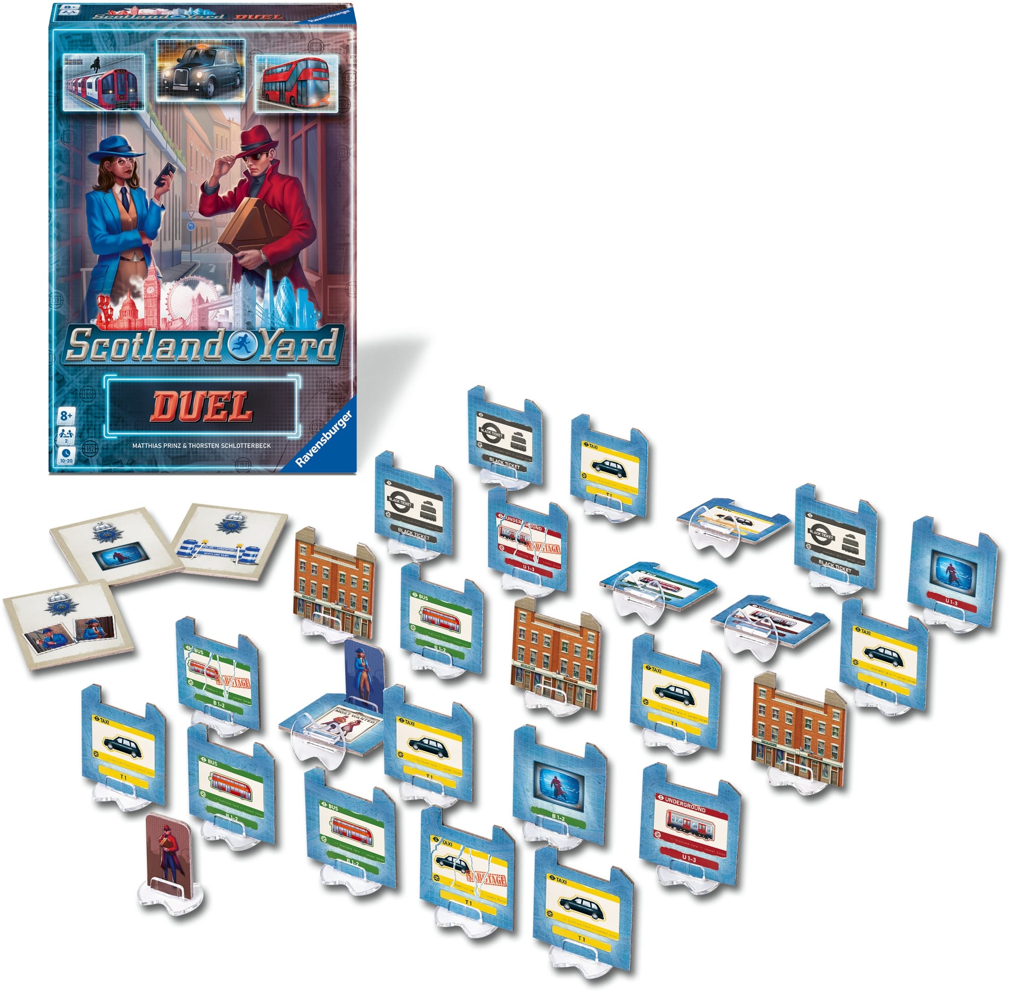 The components of Scotland Yard Duel, along with the front of the box