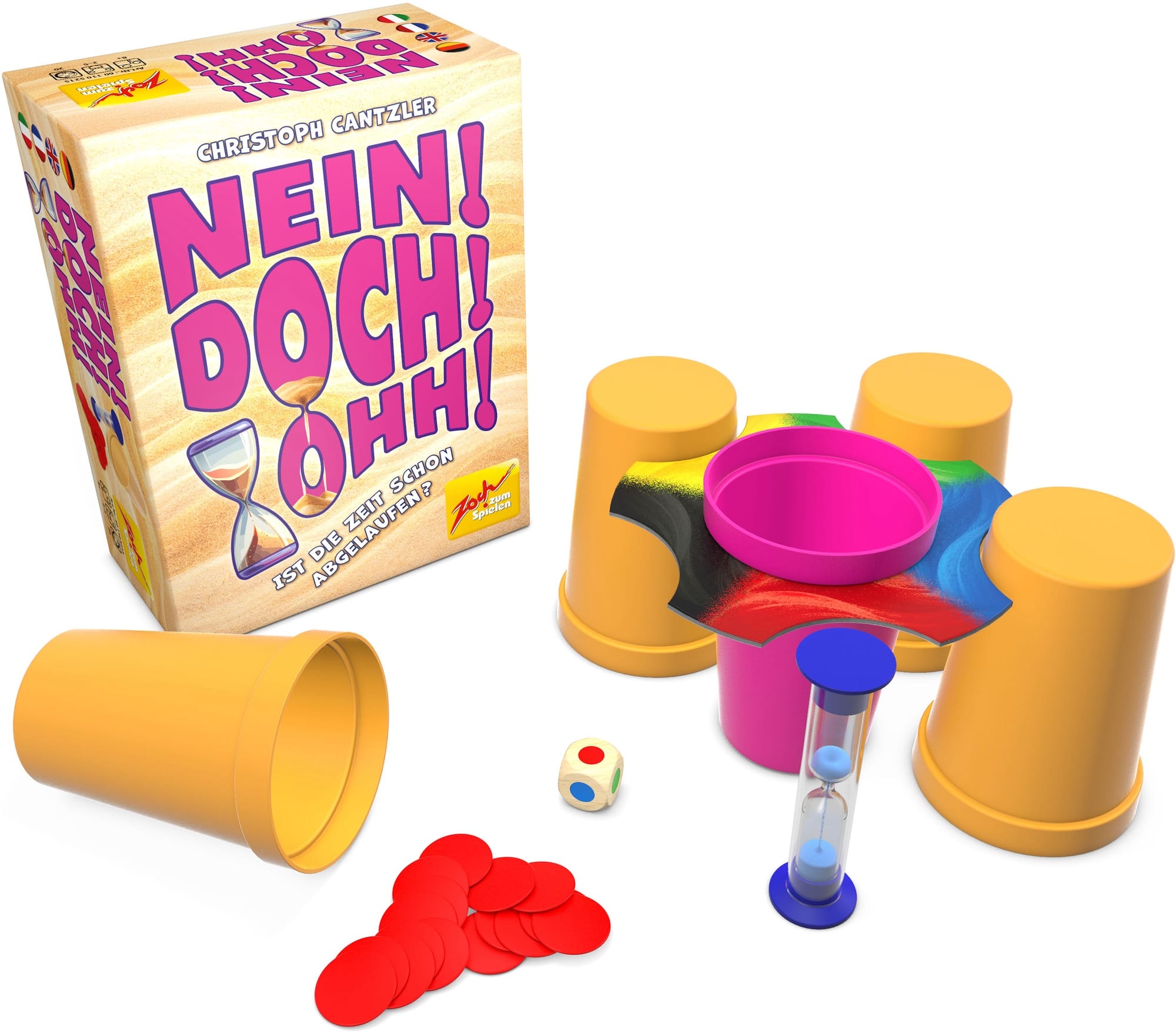 The game components of Nein! Doch! Ohh! are visible: a central pink cup bearing a cardboard star with five divots, with orange cups standing in three of those divots. A fourth orange cup is on its side, revealing the sand timer that was underneath. A die and chips are also present.