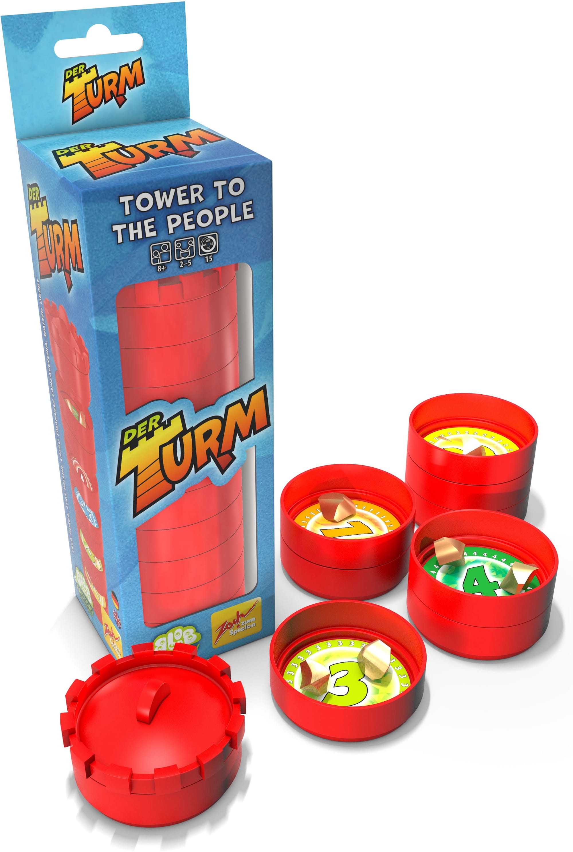 The box for Der Turm is a tall skinny box with a see-through window that shows the ten levels of the tower, along with the crenelated top. Some of the tower levels are depicted, bearing numbers from 1-4 with gems in various levels.
