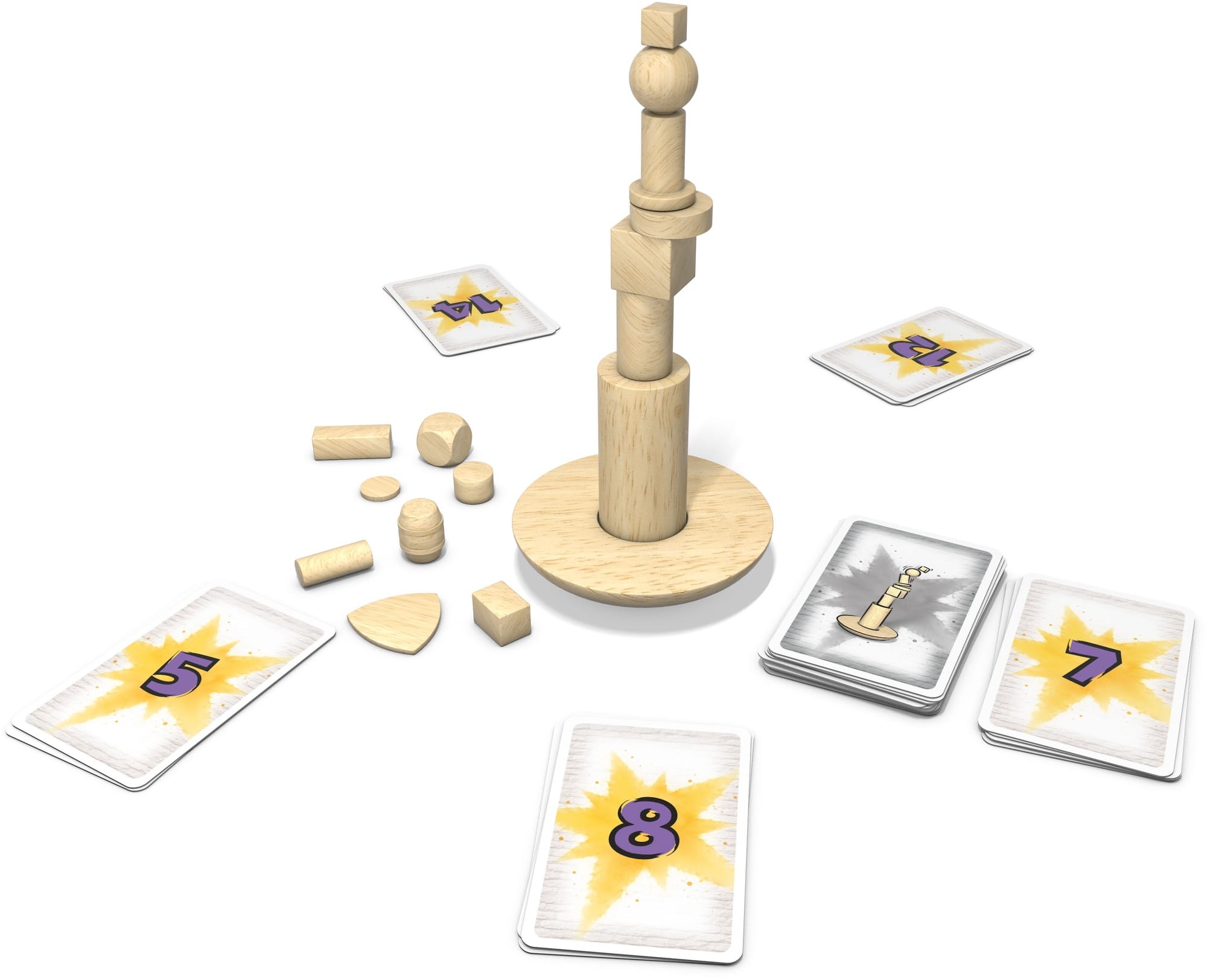 On a circular base that's rounded at the bottom is a stack of eight wooden blocks of varied sizes and shapes.