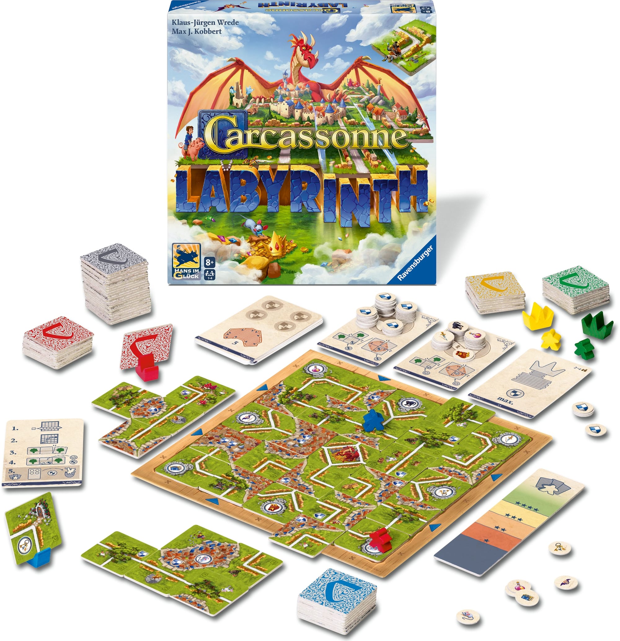 The box for Carcassonne Labyrinth is shown next to the game components: a 5x5 grid of tiles, personal cities built from tiles, quest cards, and tokens.