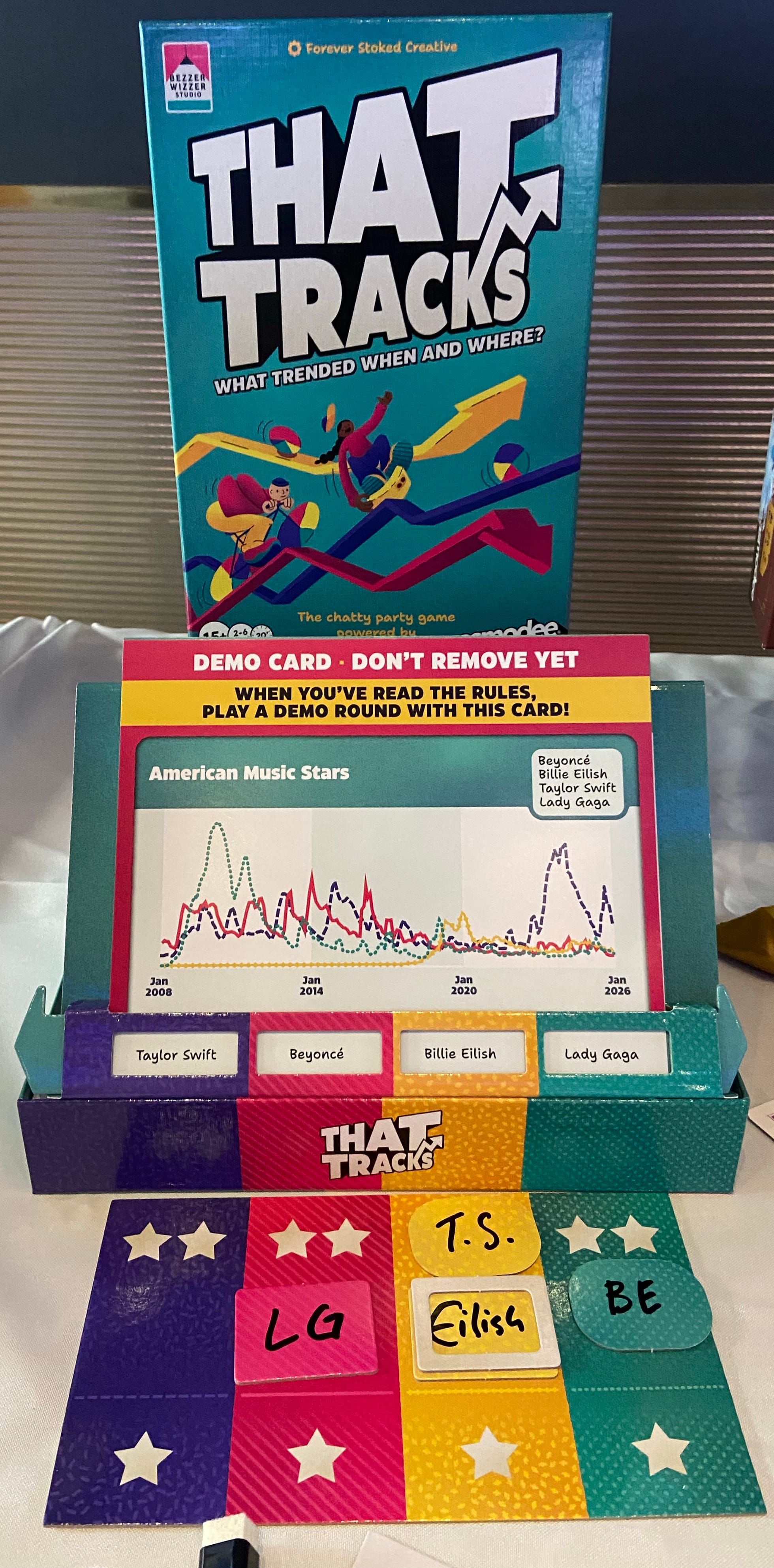 The game That Tracks features a chart showing four trend lines in online search results, along with the names Taylor Swift, Beyoncé, Billie Eilish, and Lady Gaga.