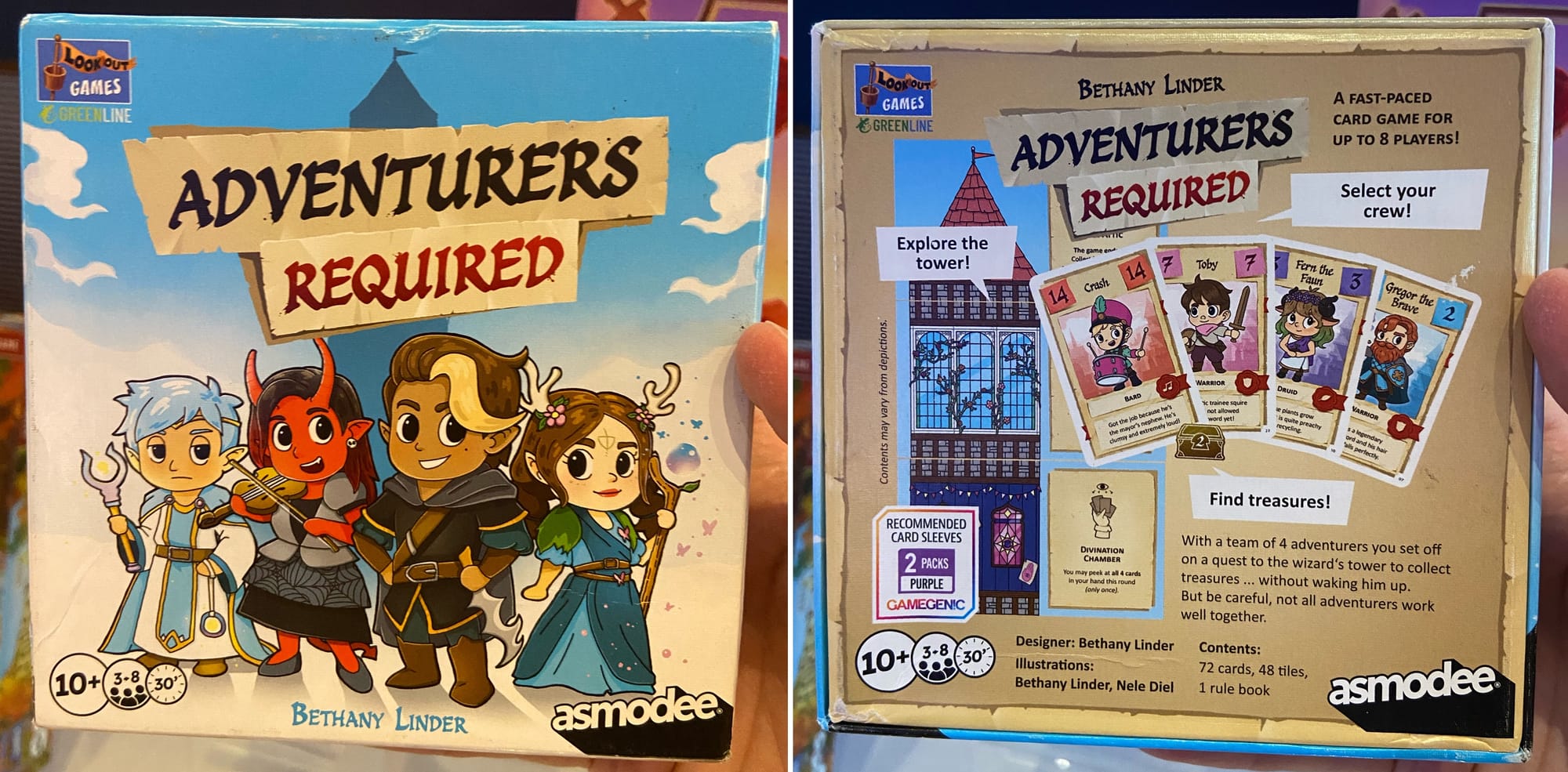 The front cover of Adventurers Required features four heroes, while the back of the box gives a brief on the game: Explore the tower, select your crew, find treasures.
