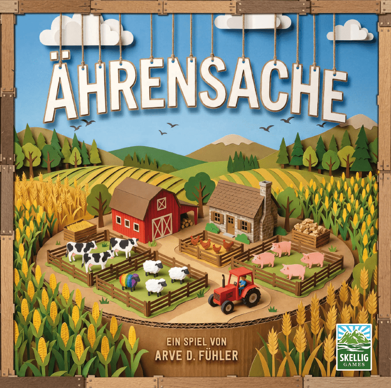 Under the title "Ährensache" is a farm that looks crafted from cut-out paper and cardboard components.