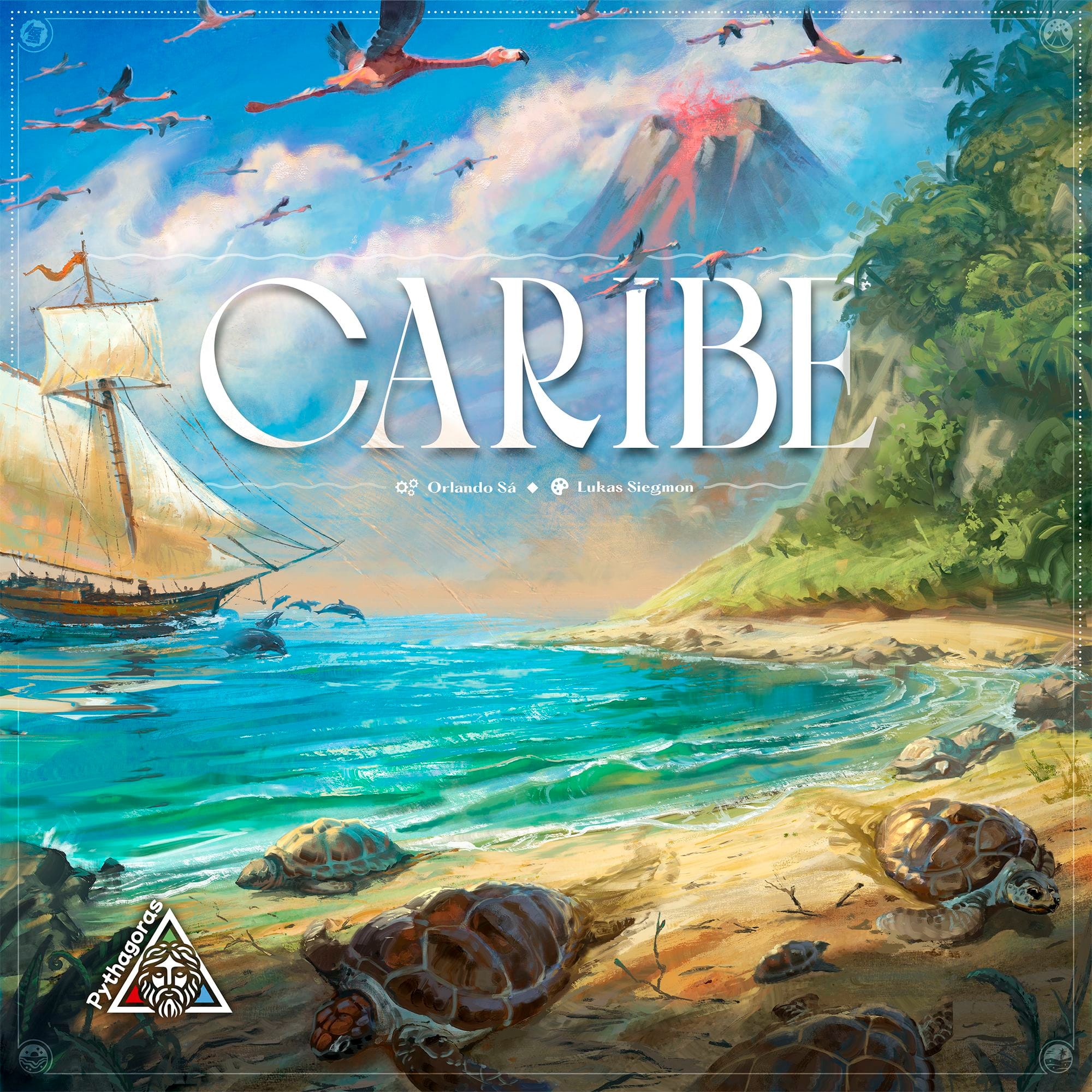 Front cover of Caribe, which shows the same image described before — a ship nearing an island while surrounded by dolphins, with flamingos flying overhead and a volcano in the background — but now you can see turtles lumbering across the beach.