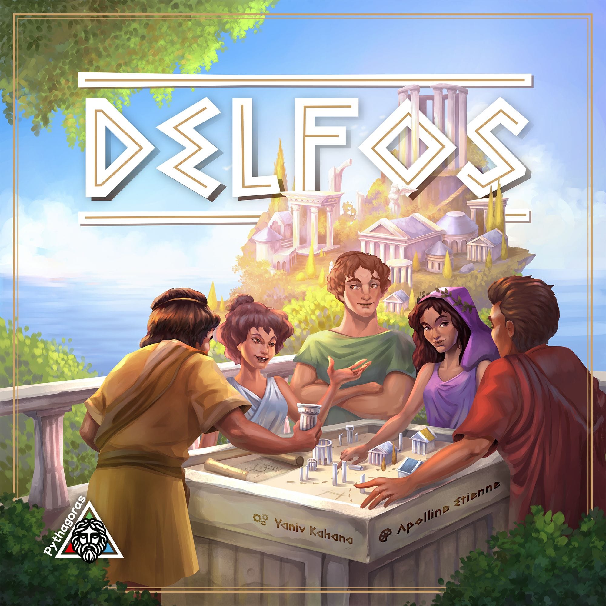 Five figures dressed in ancient Greek-style clothing stand around a table that features Greek building elements, while an island filled with large-scale versions of these elements is in the background.