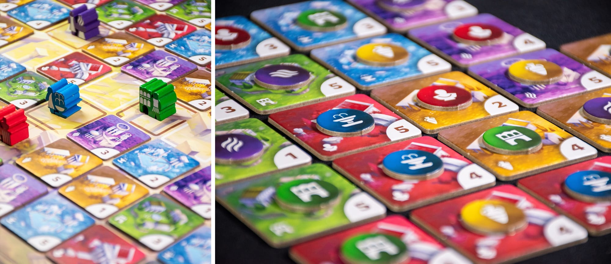 On the left are wooden tokens in a grid of tiles, with some tiles having been removed on earlier turns. On the right is a tight grid of tiles in five colors, with each tile having a colored token on it to record who placed it in the new city.