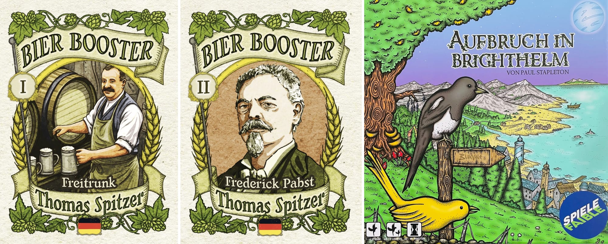 Front covers of Bier Booster I: Freitrunk, Bier Booster II: Frederick Pabst, and Aufbruch in Brighthelm.