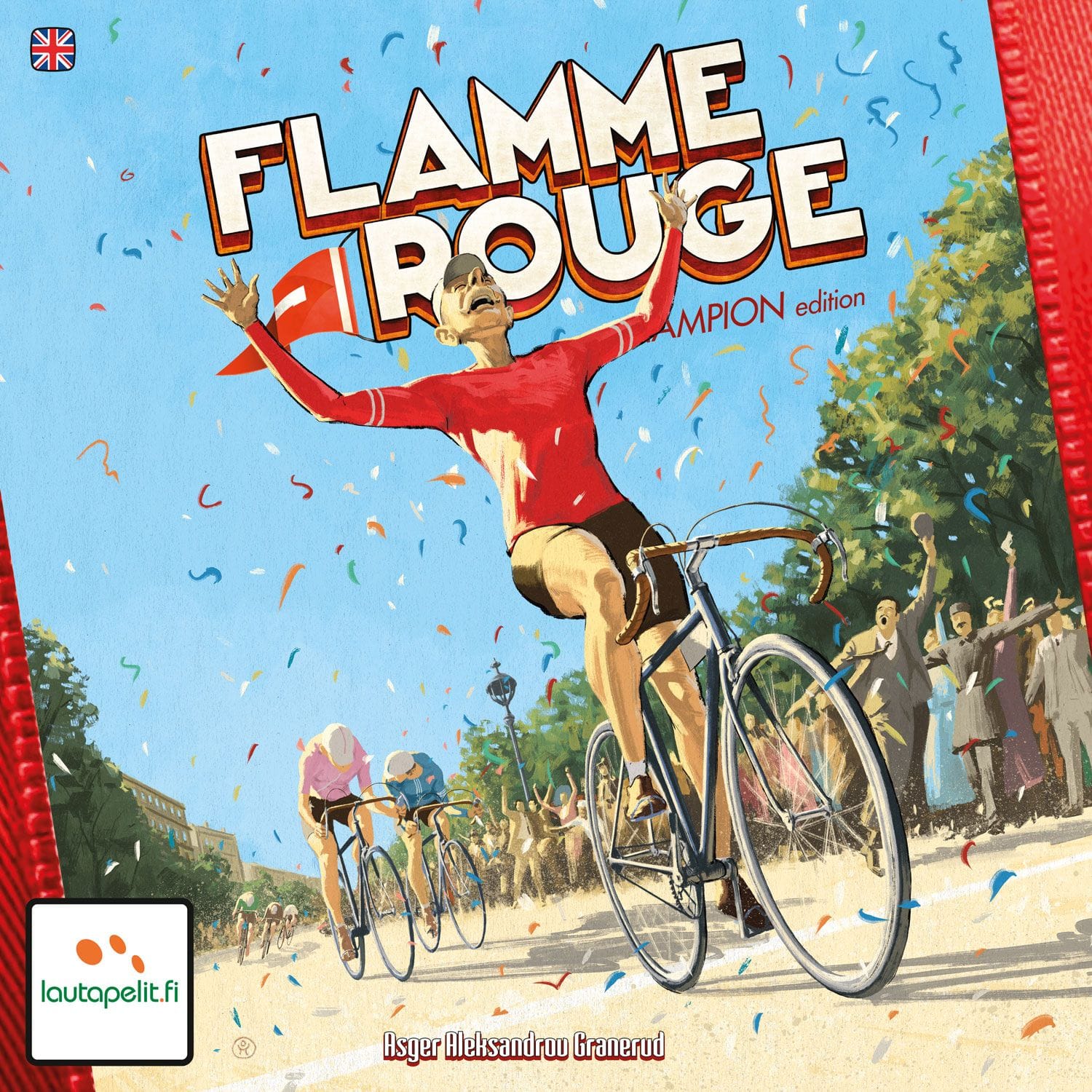 The front cover of Flamme Rouge: Champion Edition, which shows a rider in a red jersey raising his arms in excitement.