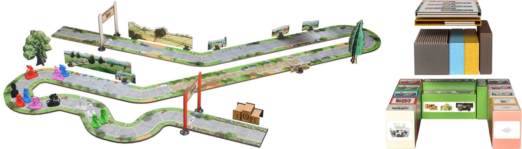 An example of the course you can build with the components in Flamme Rouge: Champion Edition, along with an exploded view of the storage system in the box.