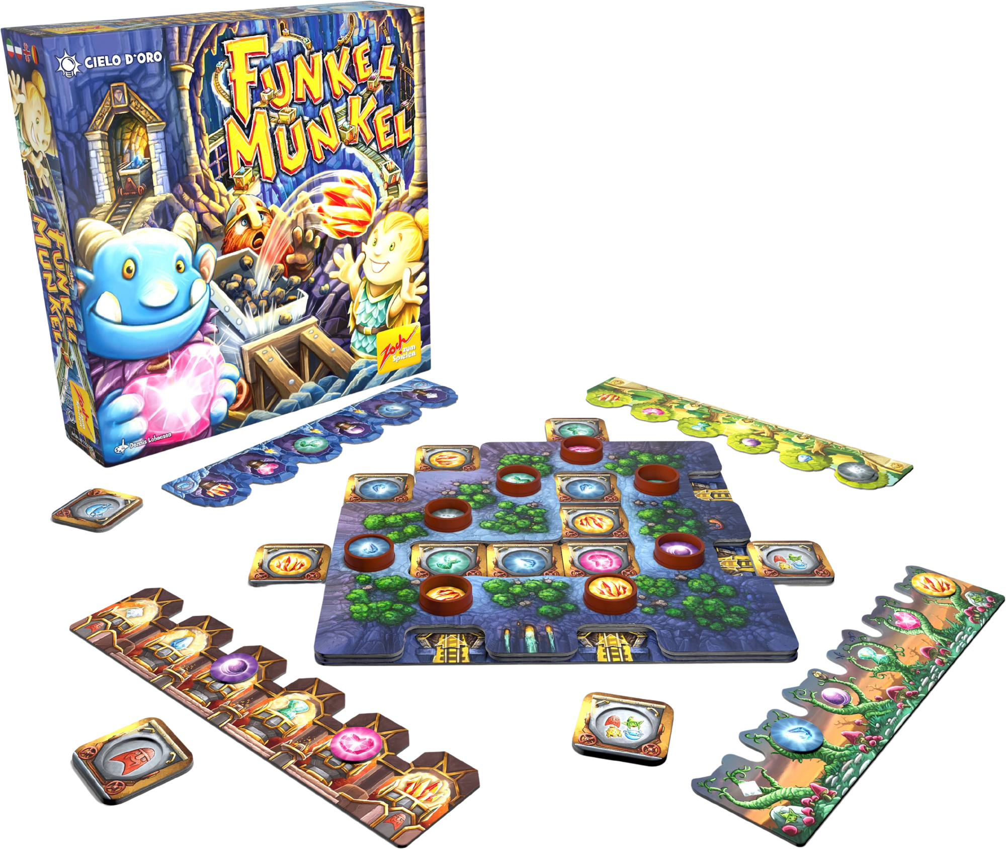 The cover of Funkel Munkel shows a gem popping out of a crashing mine cart into a child's hands. Weird. The game board is multi-layered, with players' cart tiles sliding between the layers of the board.