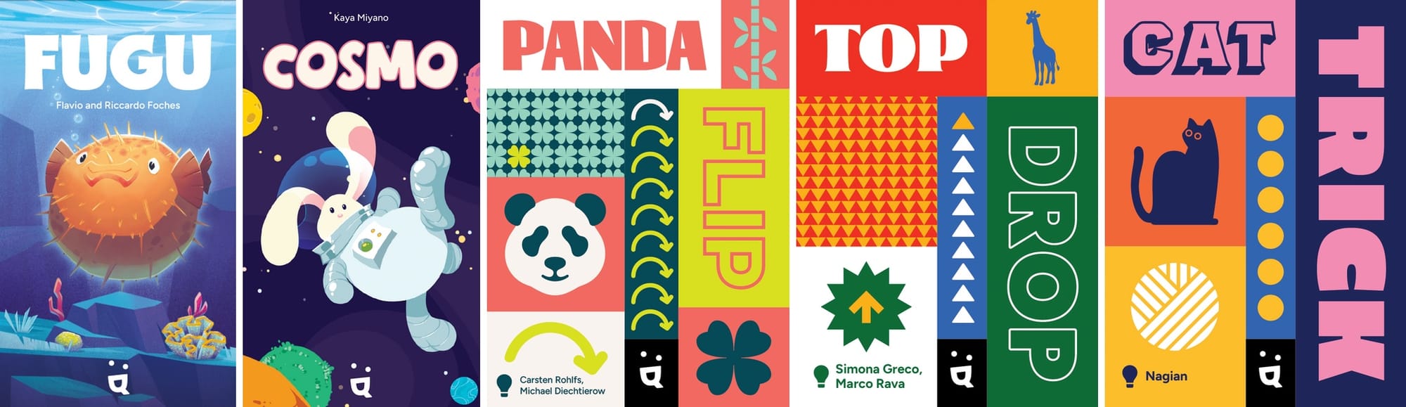 Front covers for Fugu, Cosmo, Panda Flip, Top Drop, and Cat Trick