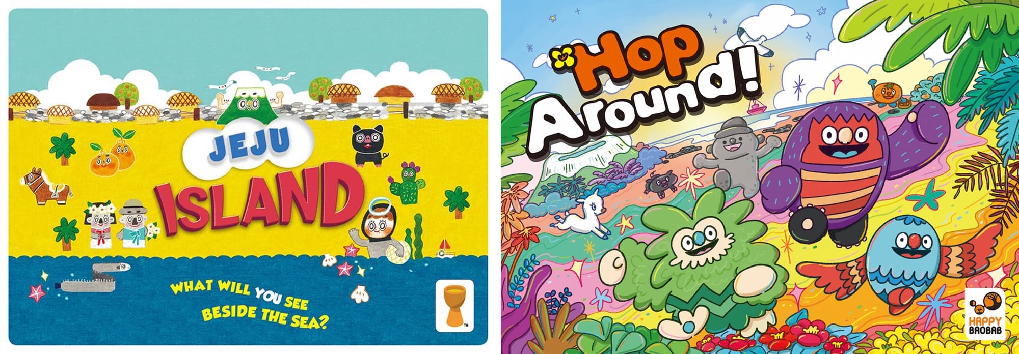 The front covers of the games Jeju Island and Hop Around, both of which show an island setting with various critters on it.