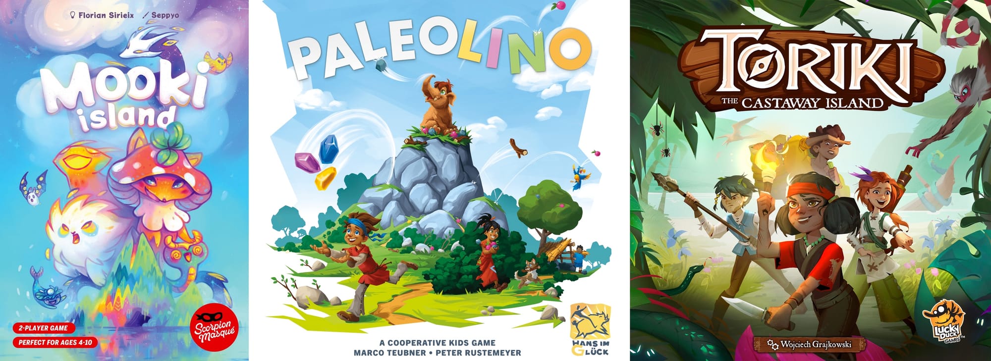 Front covers of Mooki Island, Paleolino, and Toriki: The Castaway Island.