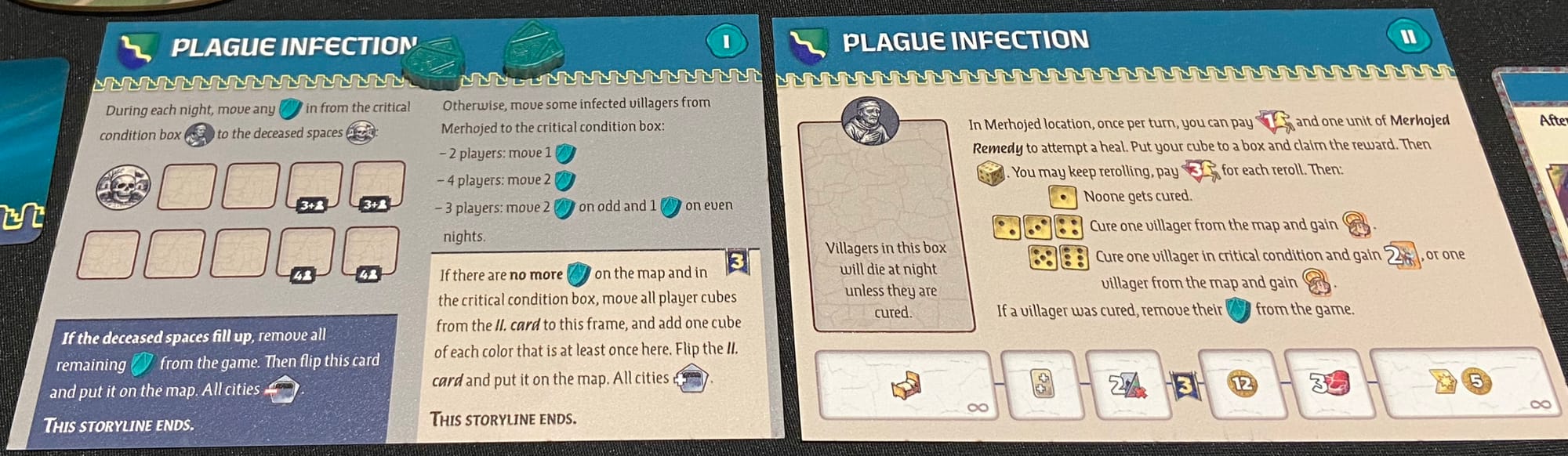 The "Plague Infection" board notes that "Villagers in this box will die at night unless they are cured" and includes details of how to cure them.