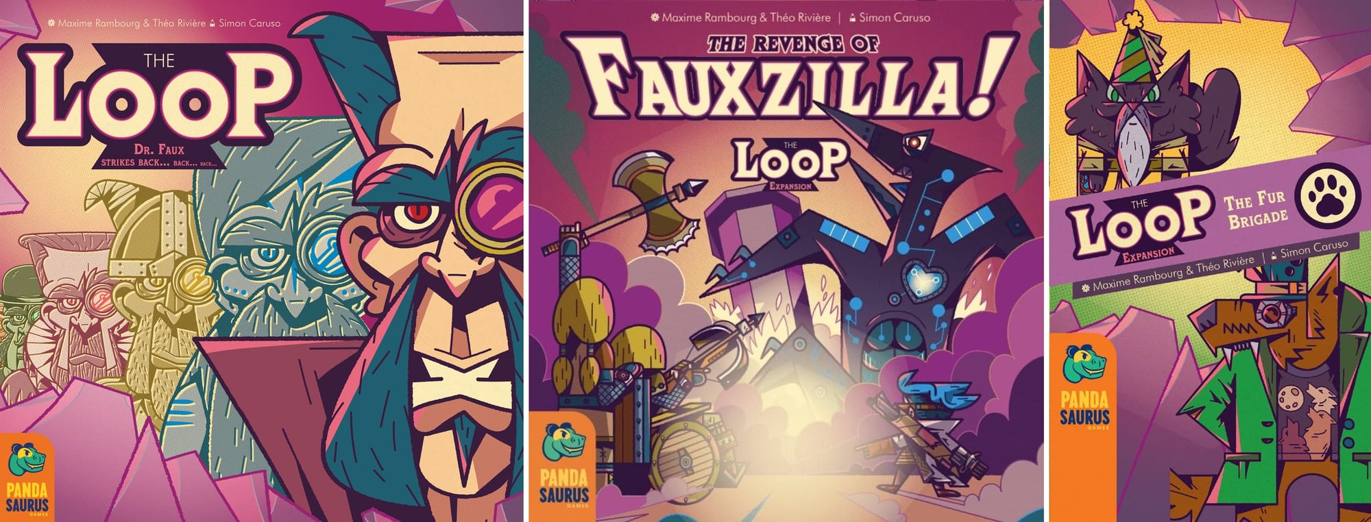 Front covers of The LOOP, The LOOP: The Revenge of Fauxzilla!, and The LOOP: The Fur Brigade