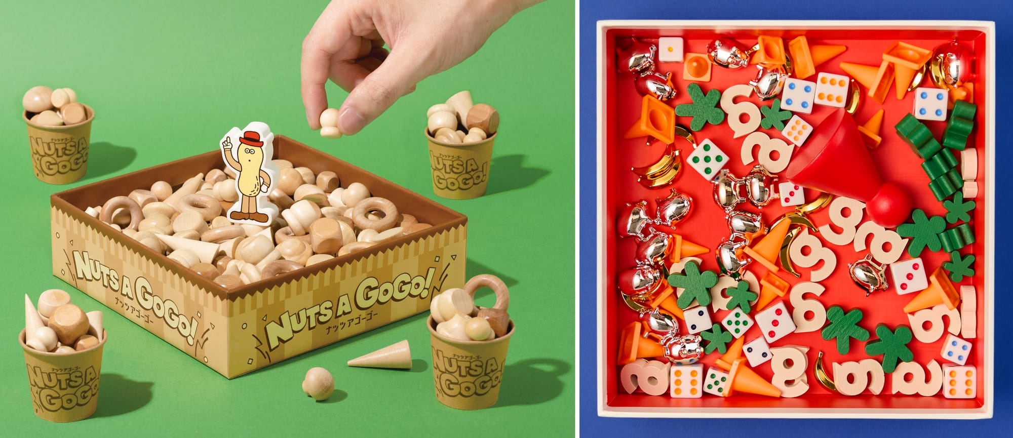 Components in Nuts a GoGo! are all made of wood and in natural wood tones, whereas components in Grabble are made of wood, metal, and plastic, with each type of component having a different color.