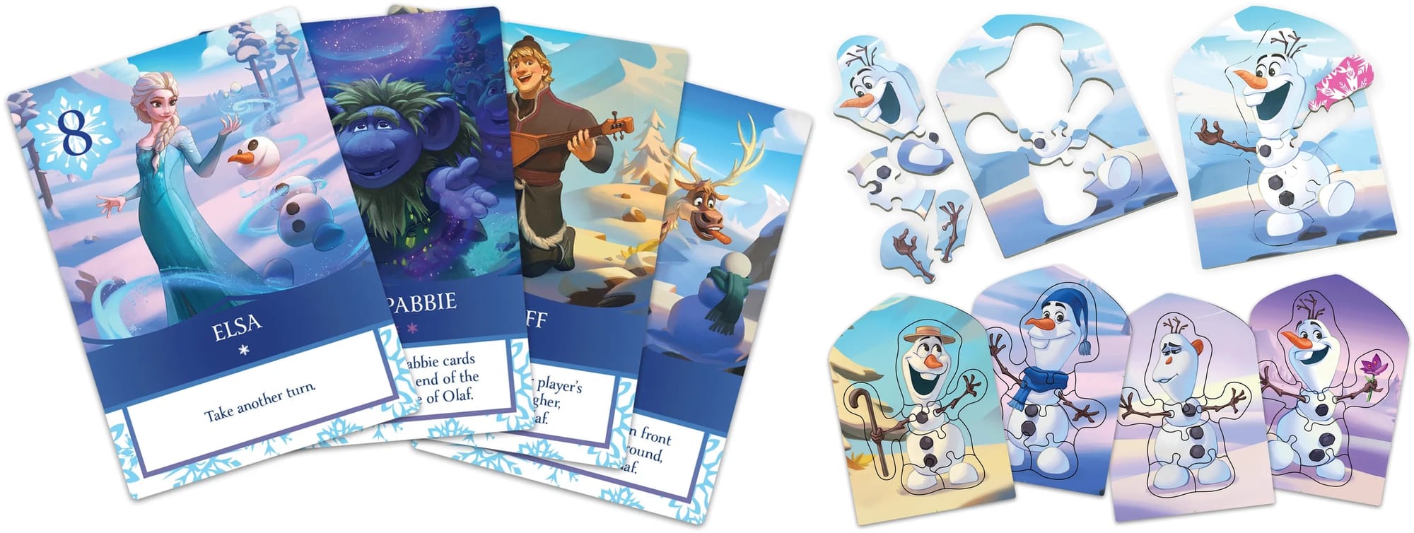 Sample cards from Olaf Mix-Up! showing Elsa and other characters, along with the five Olaf puzzles.