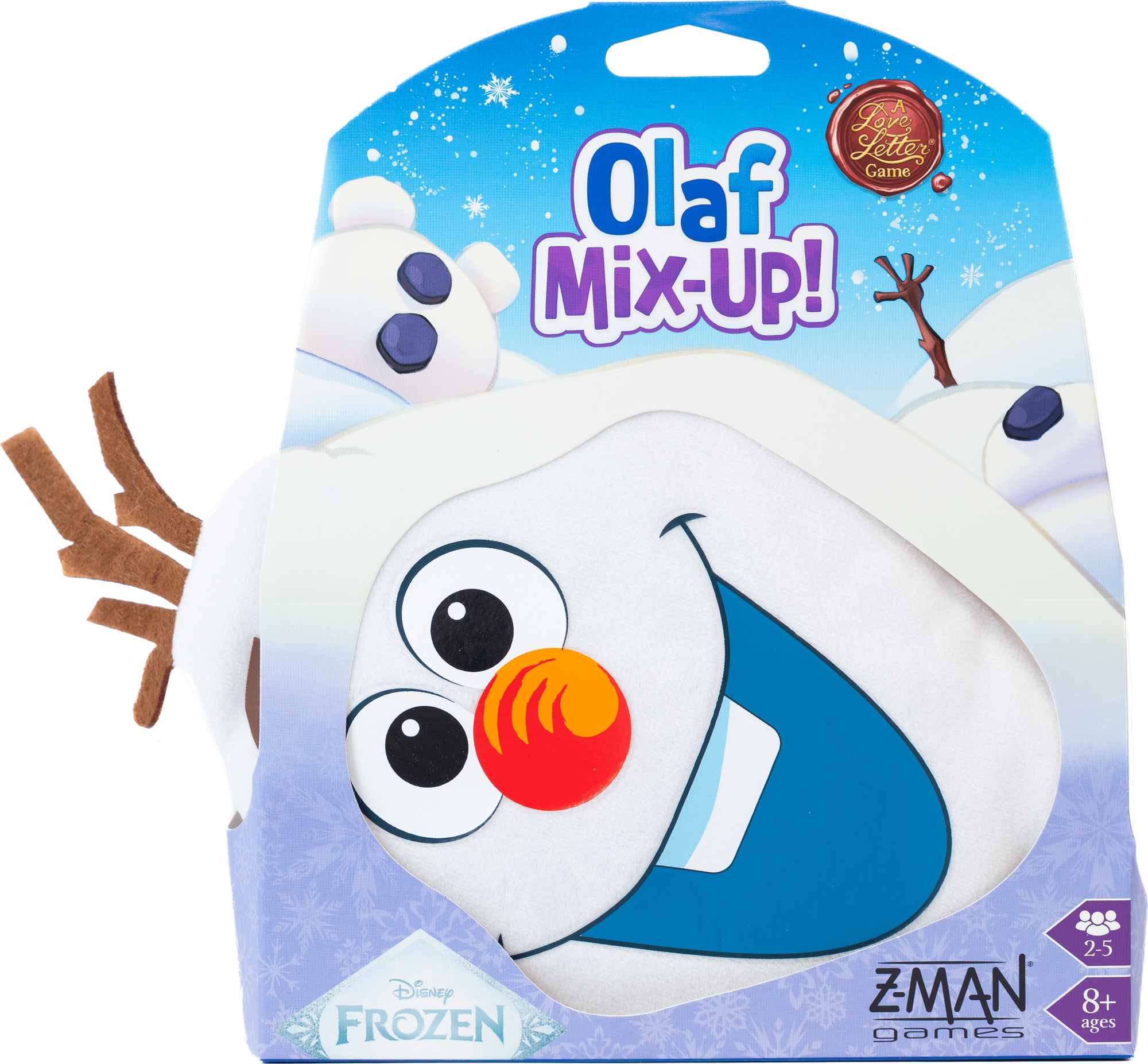 The packaging for Olaf Mix-Up!, which shows a zip bag in the shape of Olaf's head inside a cardboard wrap.