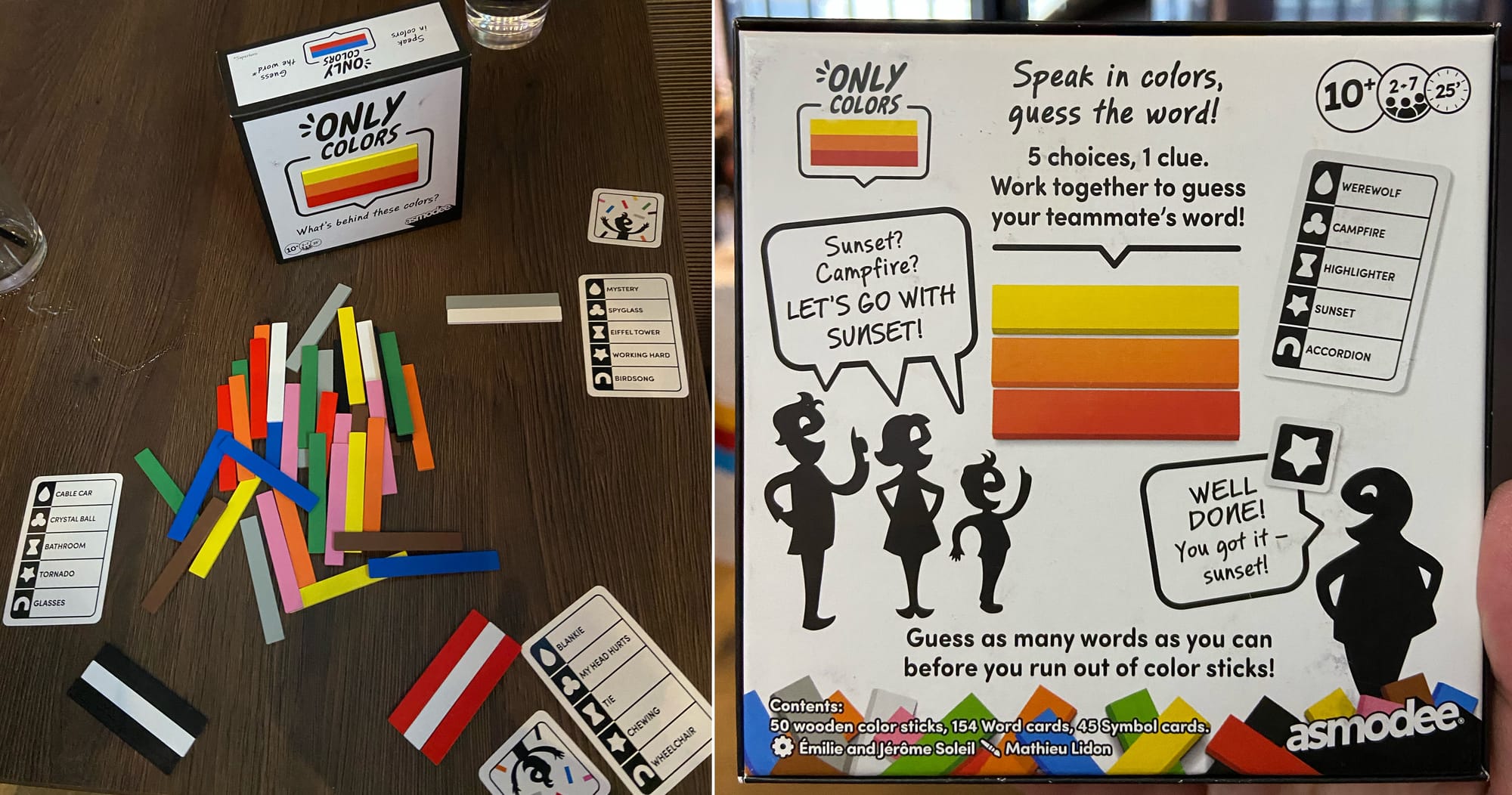 Fifty colored sticks are on a table, along the game box for "Only Colors". A stack of red-white-red is next to a card showing "Blankie" / "My Head Hurts" / "Tie" / "Chewing" / "Wheelchair". Which one of these does the red-white-red stack represent?
