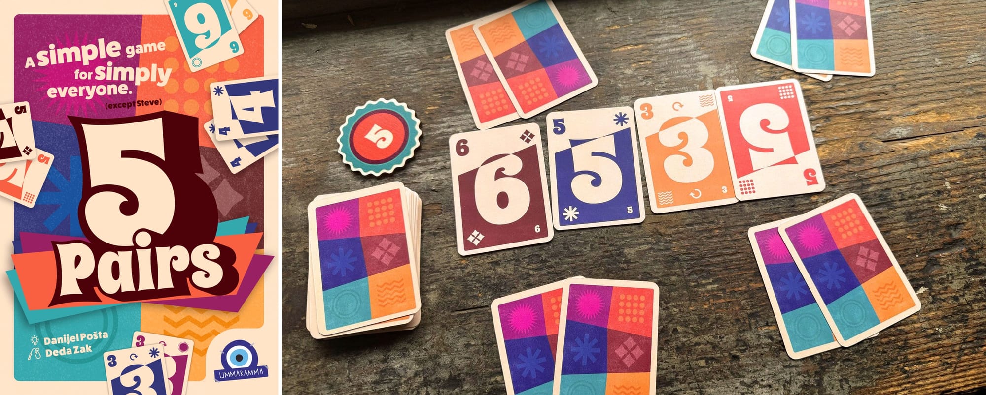 The front cover of 5Pairs reads "a simple game for simply everyone"; the card display shows four cards face up, with each player having two cards.