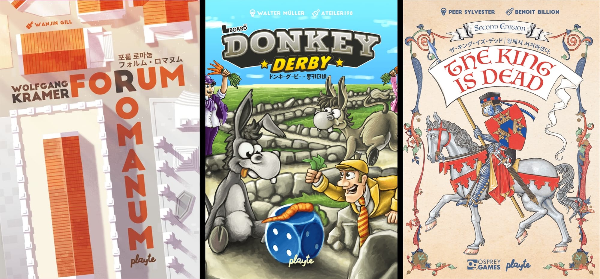Front covers of Forum Romanum, Donkey Derby, and The King Is Dead