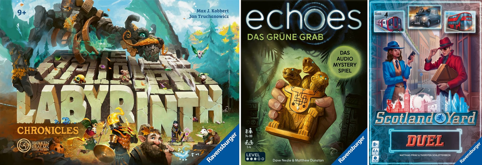 Front covers of Labyrinth Chronicles, echoes: Das grüne Grab, and Scotland Yard Duel.
