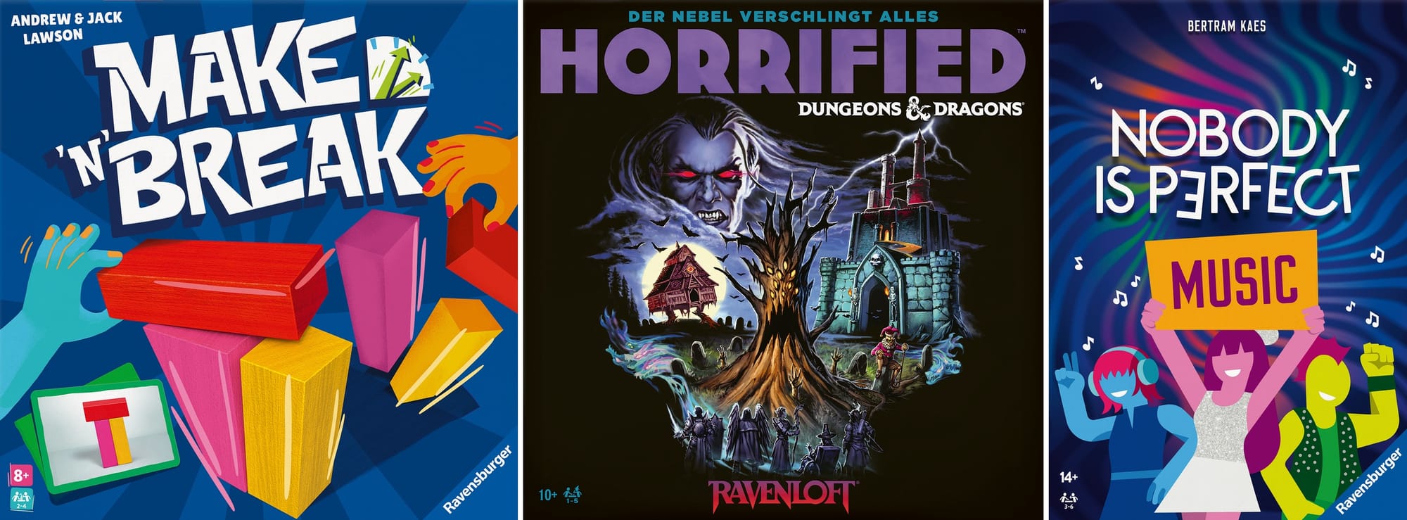 Front covers of Make 'n' Break, Horrified: Dungeons & Dragons — Ravenloft, and Nobody Is Perfect: Music