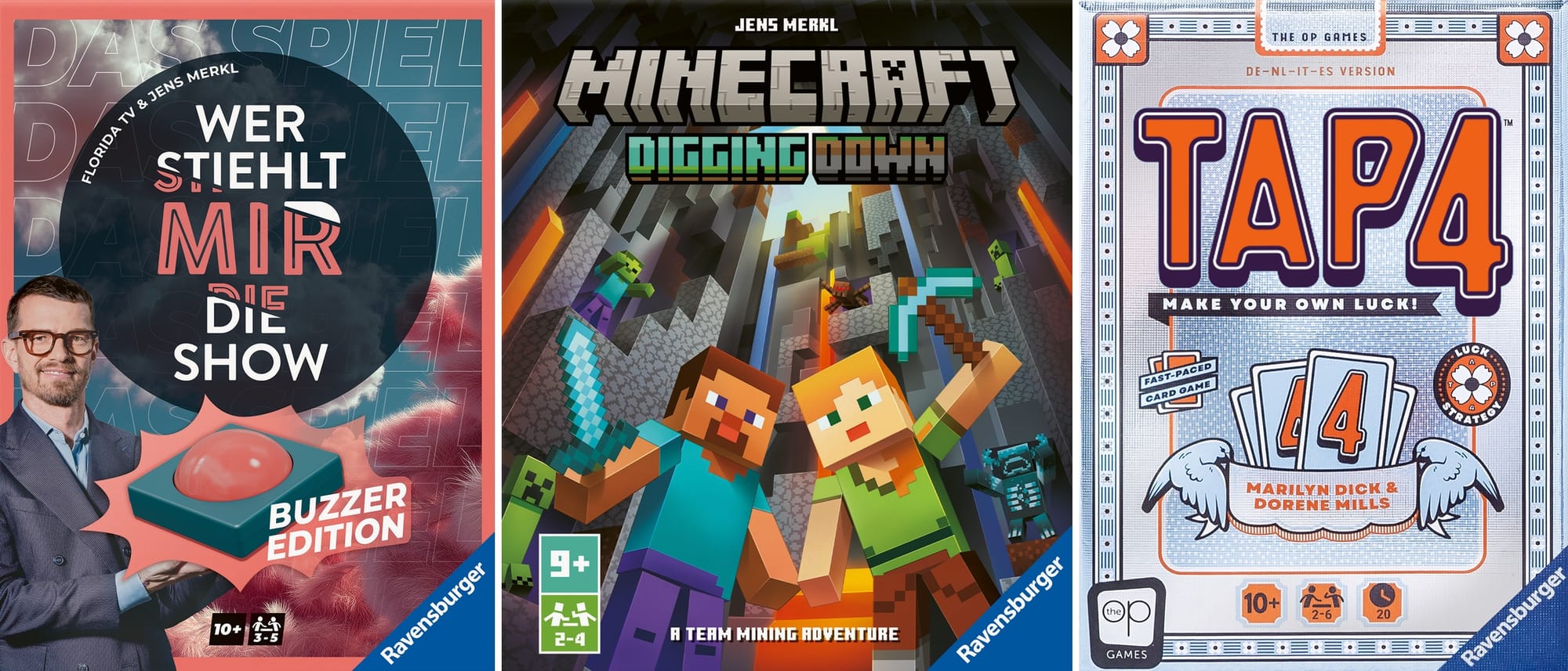 Front covers of Wer stiehlt mir die Show? Buzzer Edition, Minecraft: Digging Down, and Tap 4