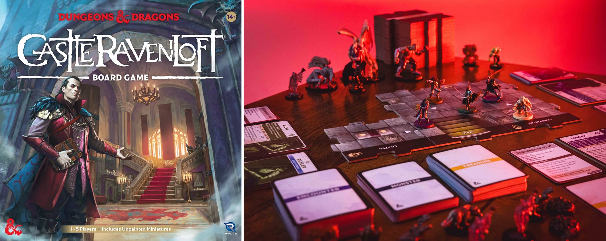 The front cover of Dungeons & Dragons: Castle Ravenloft Board Game is shown next to a game set-up featuring linked dungeon tiles and adventurers on said tiles, with monsters out of focus in the background and decks of cards surrounding the tiles.