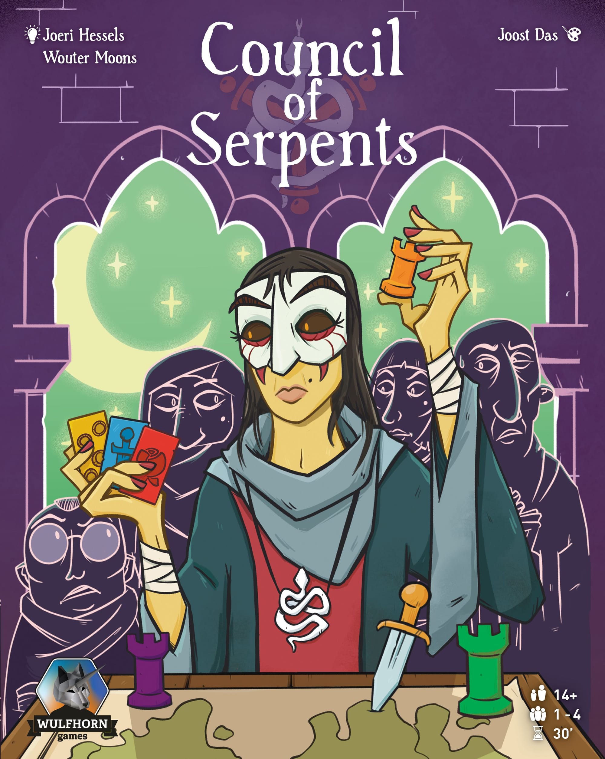 A person wearing a mask stands in front of a map with a dagger in it, with the person holding cards and a castle. Shadowy figures stand in the background.