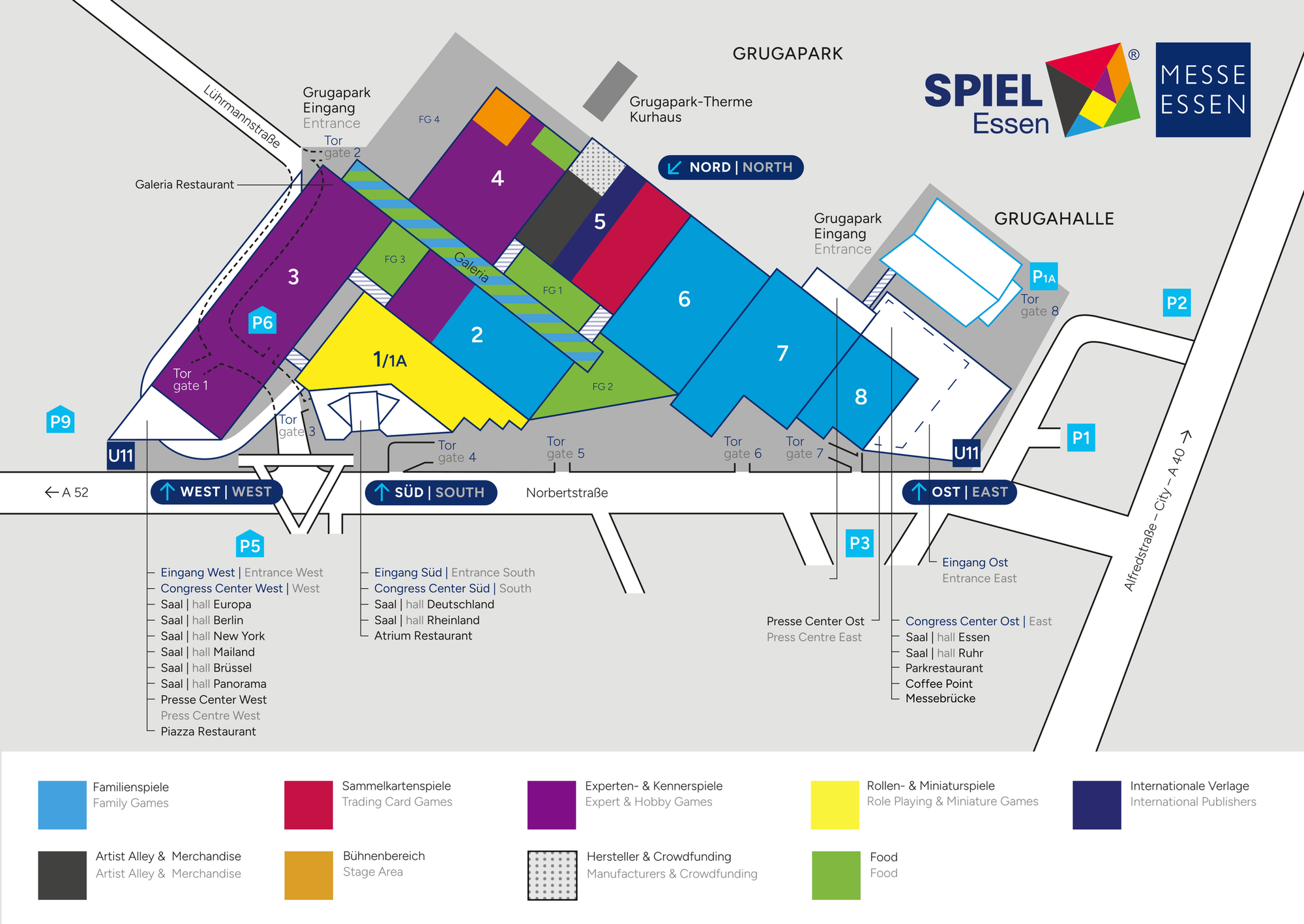 Hall map of Messe Essen, showing the division of halls for SPIEL Essen 26