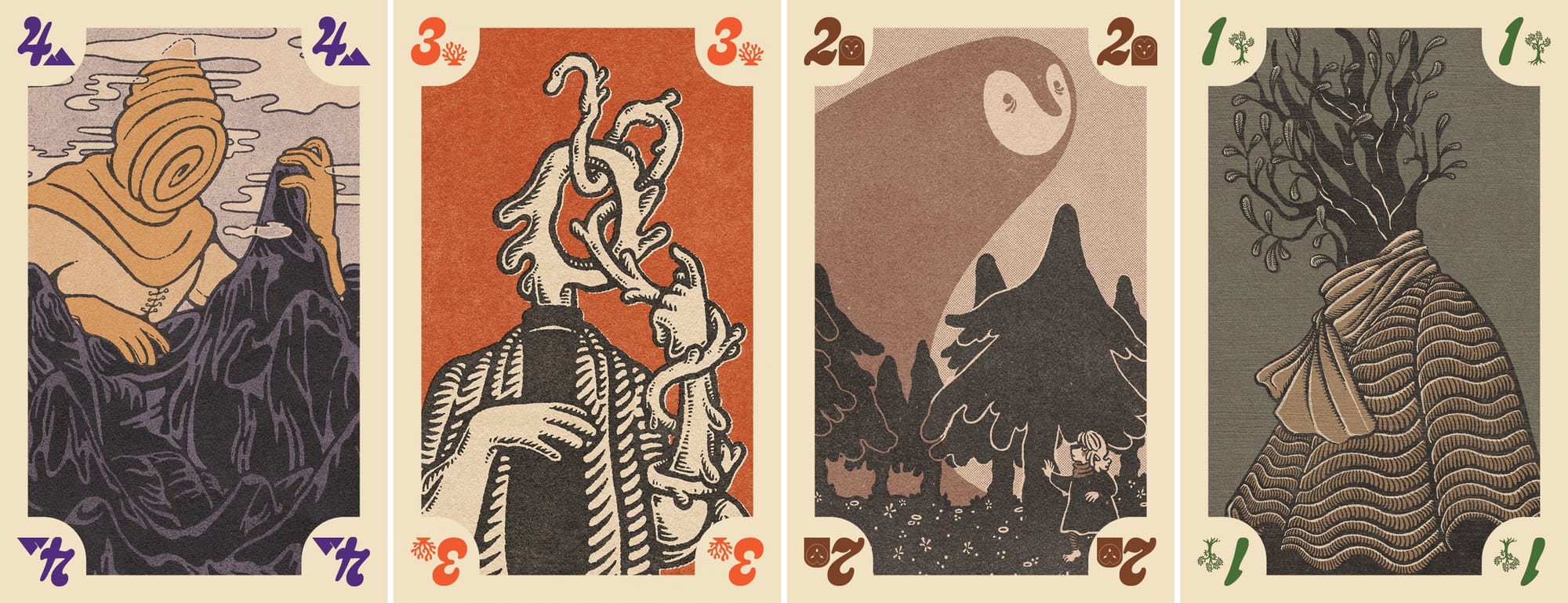 Sample cards in Suppose, which show surrealistic imagery, such as a person with a half-croissant for a head.