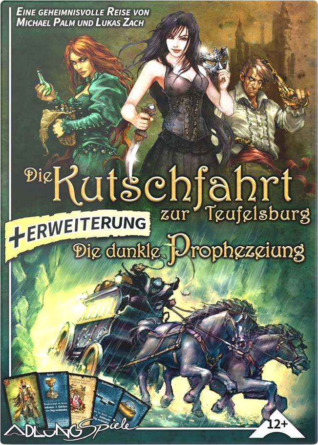 The top half of Die Kutschfahrt zur Teufelsburg shows people wielding weapons, while the bottom half shows two horses pulling a carriage.
