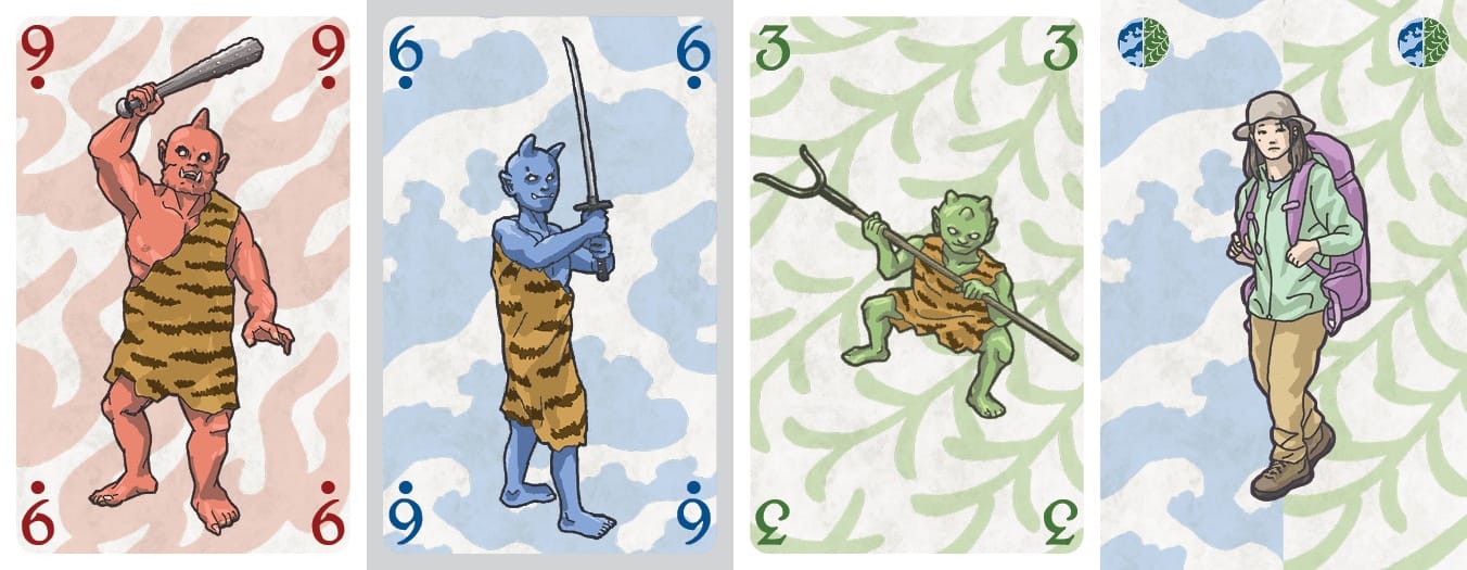 Three oni cards are depicted, along with a visitor who has a blue half and a green half.