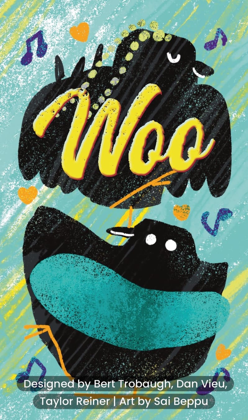 Two abstracted birds are depicted, along with the title Woo