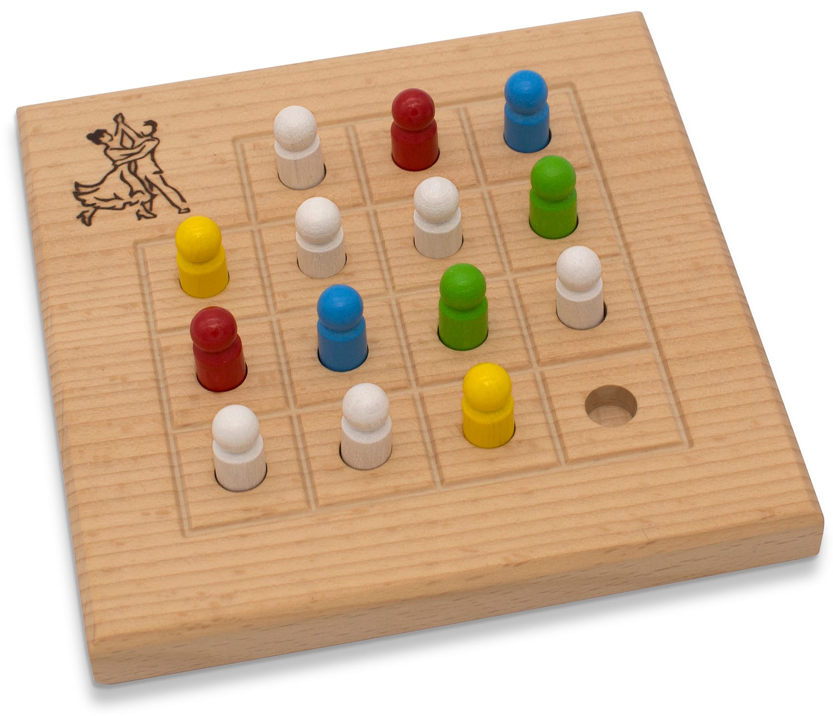 The Cha-Cha-Cha board has a 4x4 grid that's missing a corner, so it has only 15 holes. Four pairs of colored tokens are on the board, along with six white tokens, leaving one hole empty.