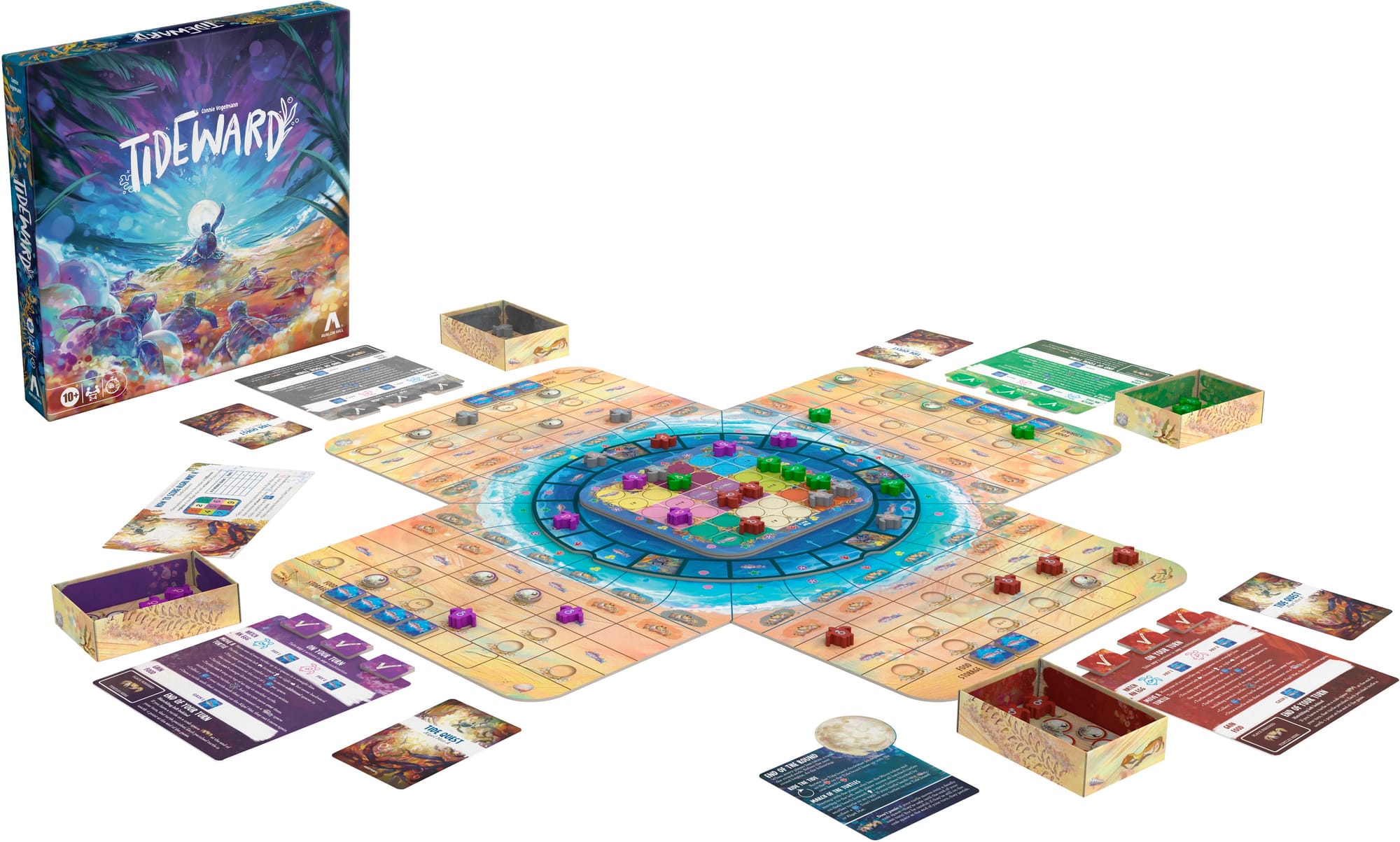 A central 6x6 beach is surrounded by a rotating cardboard ring, and four 5x6 gameboards — one for each player — are connected to this central display.