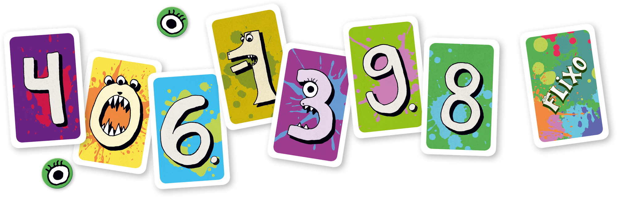 Cards from Flixo, with numbers from -1 to 9, some of which have faces. Eyeball tokens are also present.