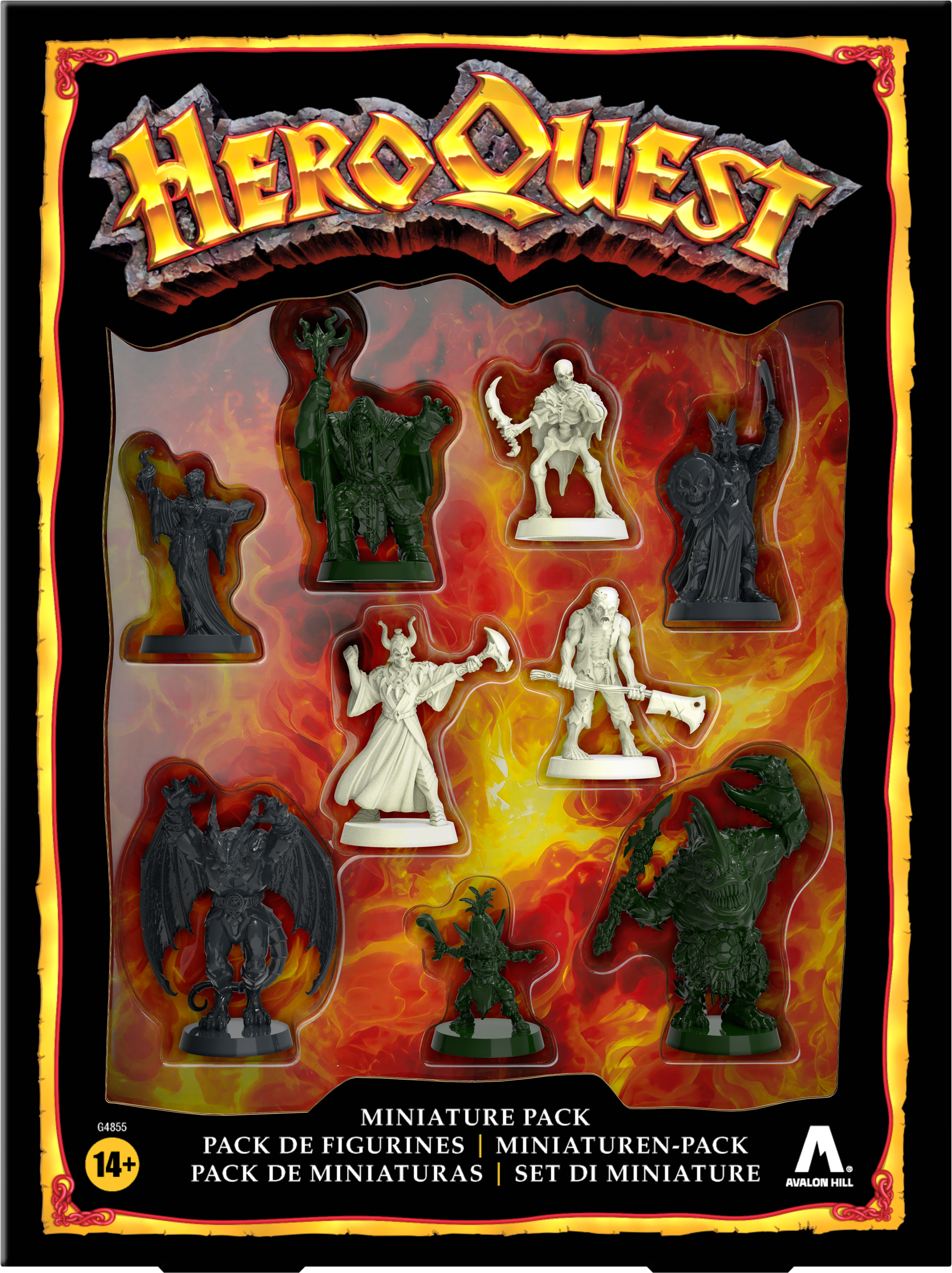The HeroQuest: Miniature Pack – Call of Dread package features a plastic window that lets you see the nine miniatures, with three each in white, gray, and green plastic.