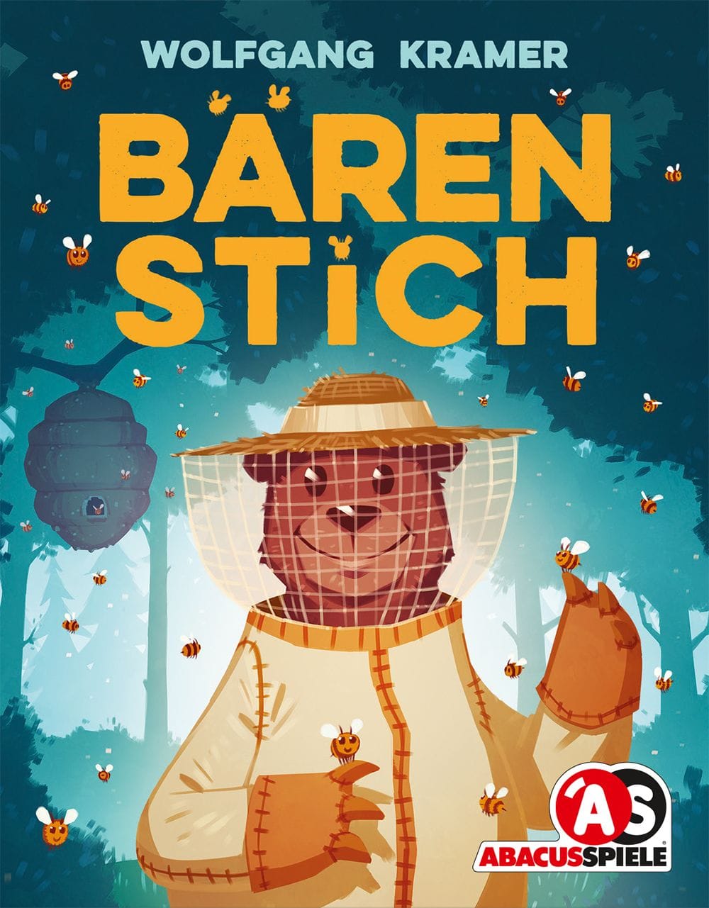 A bear is wearing a beekeeper suit and is surrounded by bees, while looking proud of itself.