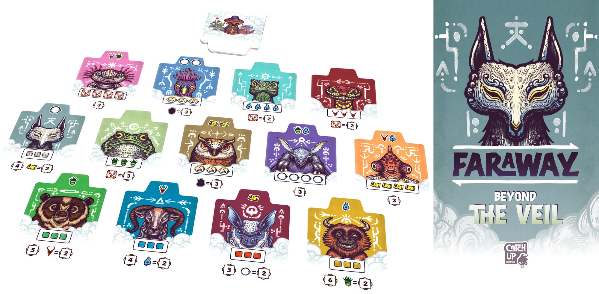 The thirteen spirit cards are laid out, along with the cover of the booster pack holding these cards.