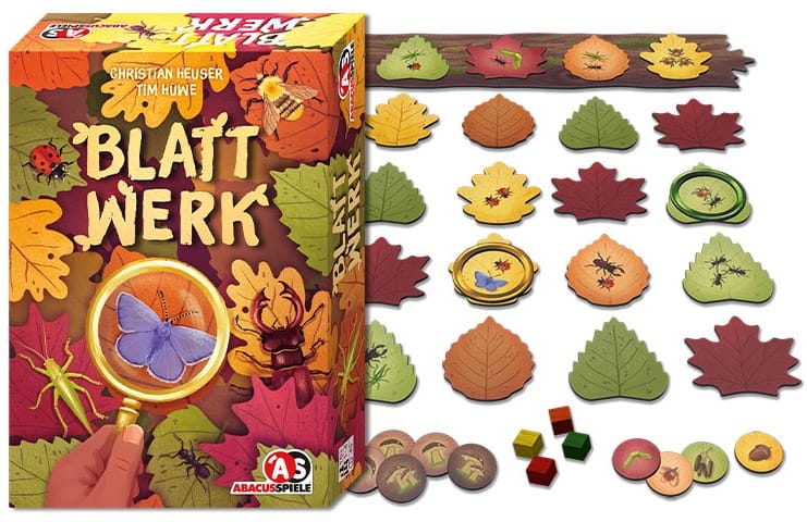 The box for Blattwerk shows a scene filled with leaves, with a magnifying glass highlighting a butterfly; this box is next to a display of leaves in four colors, some of which have insects and fruit on them.