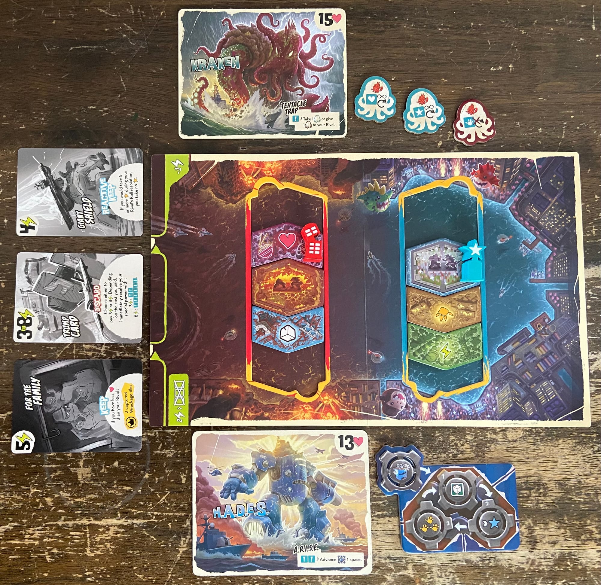 The game board shows two indented tracks, each with two wreckage tiles.